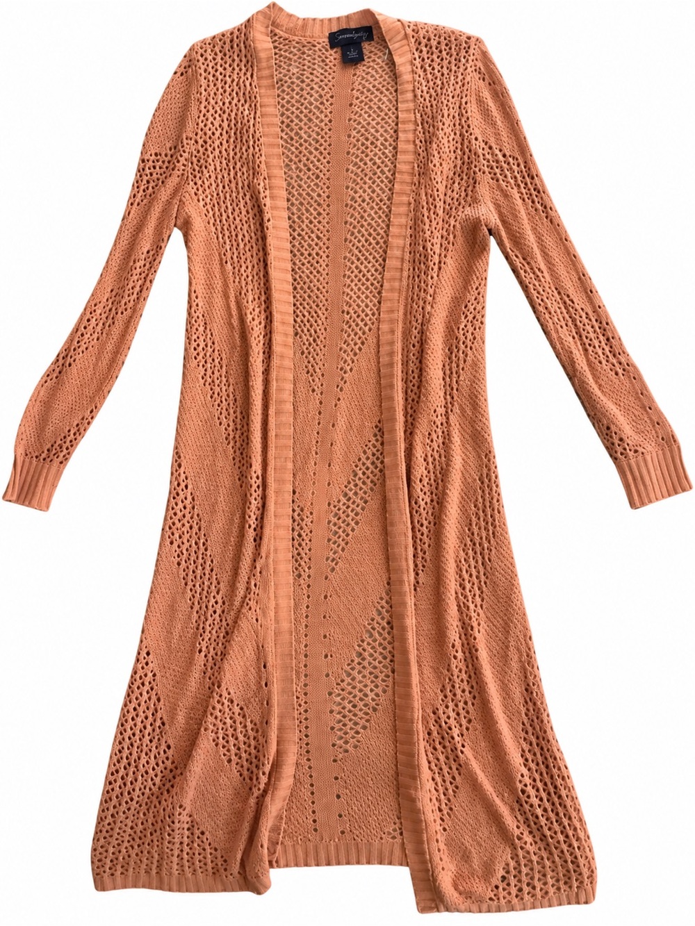 Open-Weave Longline Cardigan in Peachy Coral
